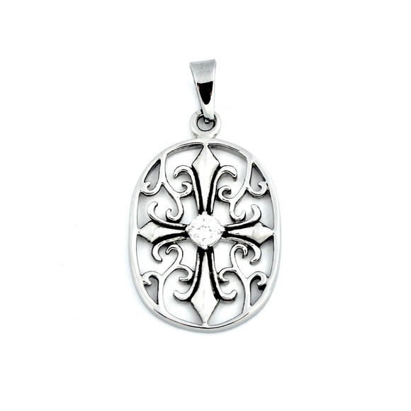 Stainless Steel Oval Floral Cross CZ Pendant