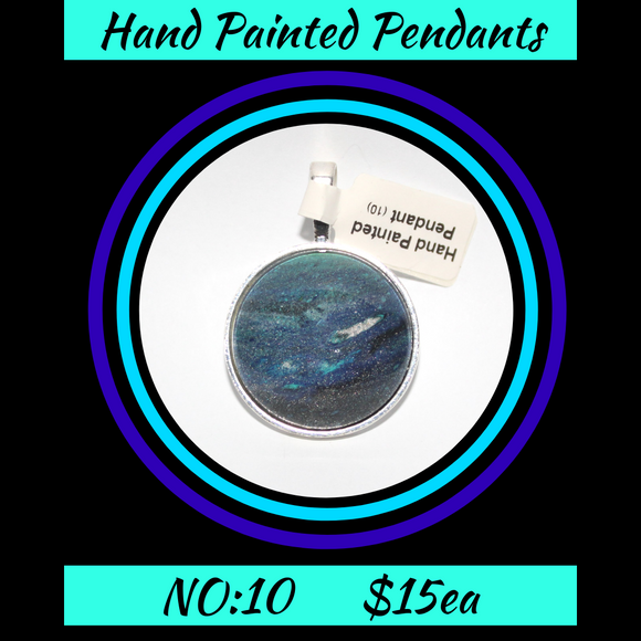 Hand Painted Multi Blue Cabochon Pendant  NO:10 + 1x Black Waxed Cord