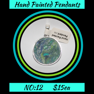 Hand Painted Green/Blue Cabochon Pendant  NO:12 + 1x Black Waxed Cord