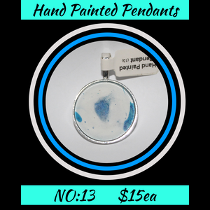 Hand Painted White/Blue Cabochon Pendant  NO:13 + 1x Black Waxed Cord