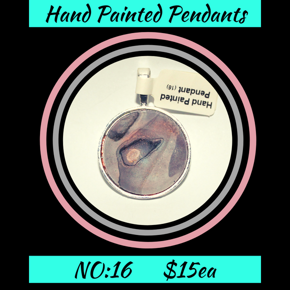 Hand Painted Light Pink/Grey Cabochon Pendant  NO:16 + 1x Black Waxed Cord