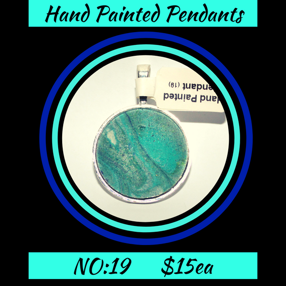 Hand Painted Green/Blue Cabochon Pendant  NO:19 + 1x Black Waxed Cord
