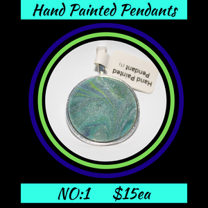 Hand Painted Green/Blue Cabochon Pendant  NO:1 + 1x Black Waxed Cord