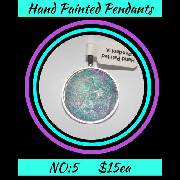 Hand Painted Green/Pink/Silver Cabochon Pendant  NO:5 + 1x Black Waxed Cord