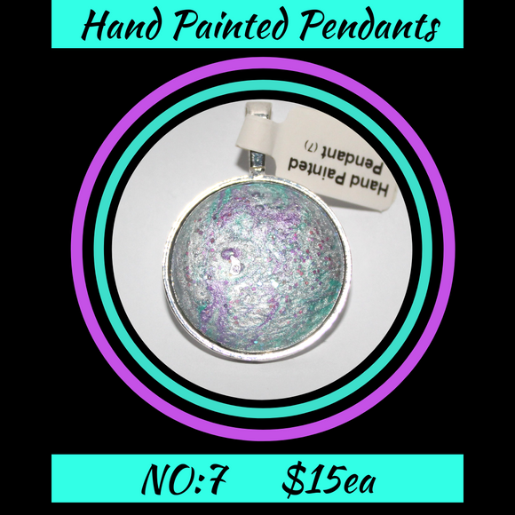 Hand Painted Green/Pink/Silver Cabochon Pendant  NO:7 + 1x Black Waxed Cord