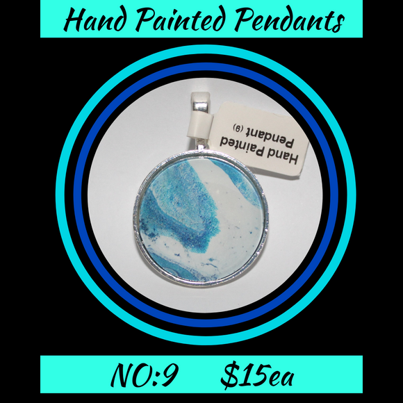 Hand Painted Blue/White Cabochon Pendant  NO:9 + 1x Black Waxed Cord