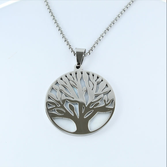 Stainless Steel Tree Of Life Necklace with White Shell 80cm