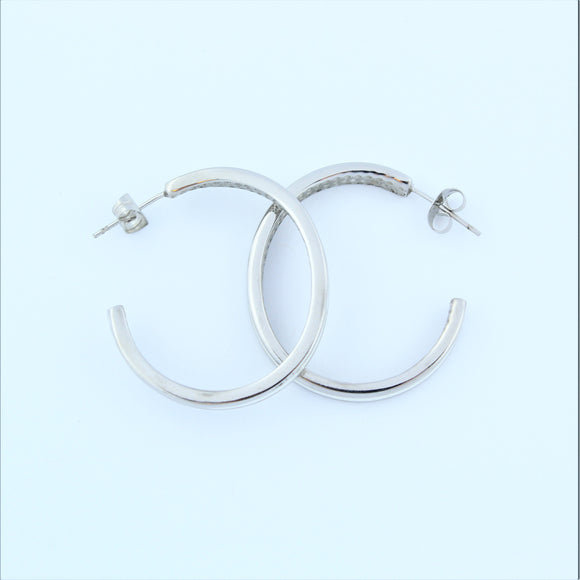 Stainless Steel 33mm White Enamel Hoop Earrings